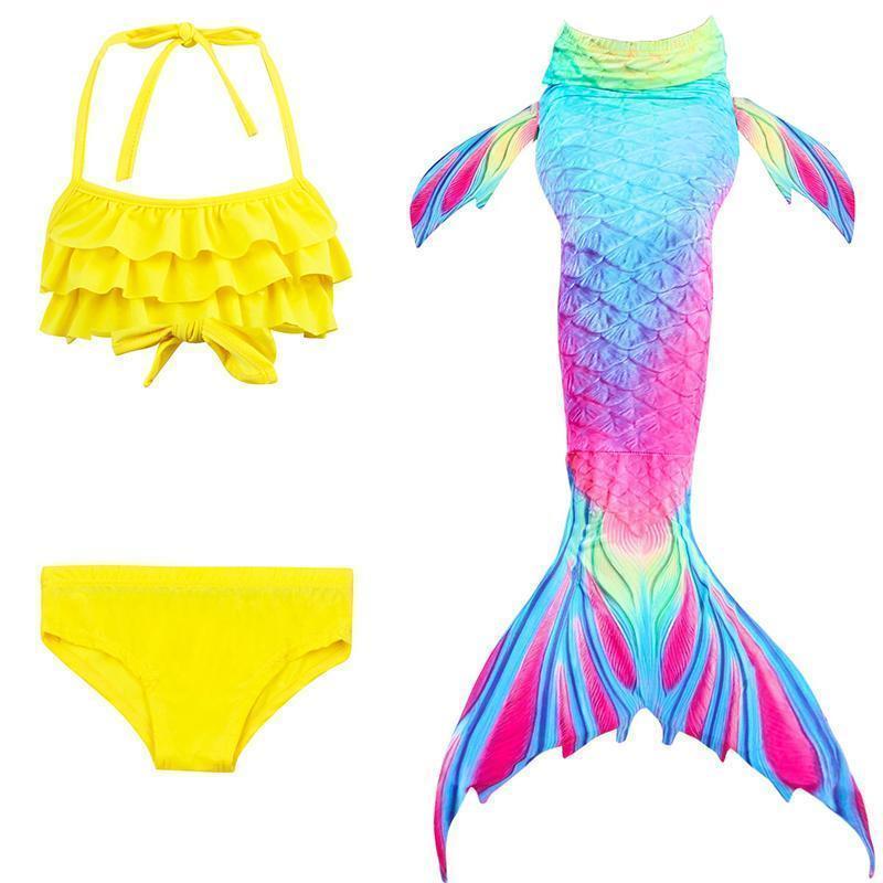 "Fantasifull havfrue badedrakt for barn, flerfarget design med topp, shorts og fiskehale, perfekt for svømming og cosplay."