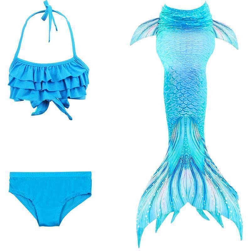 "Fantasifull havfrue badedrakt for barn, flerfarget design med topp, shorts og fiskehale, perfekt for svømming og cosplay."