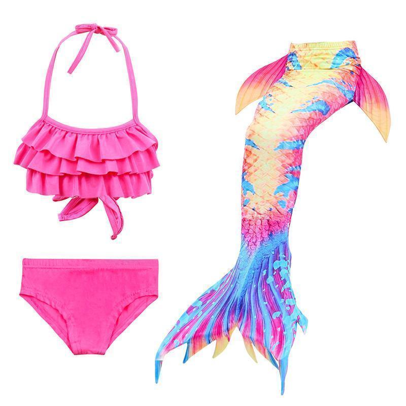 "Fantasifull havfrue badedrakt for barn, flerfarget design med topp, shorts og fiskehale, perfekt for svømming og cosplay."