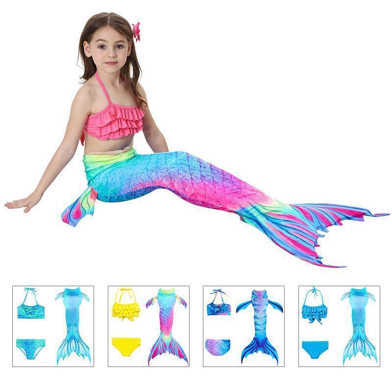 "Fantasifull havfrue badedrakt for barn, flerfarget design med topp, shorts og fiskehale, perfekt for svømming og cosplay."
