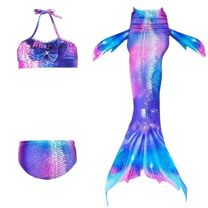 "Fantasifull havfrue badedrakt for barn, flerfarget design med topp, shorts og fiskehale, perfekt for svømming og cosplay."