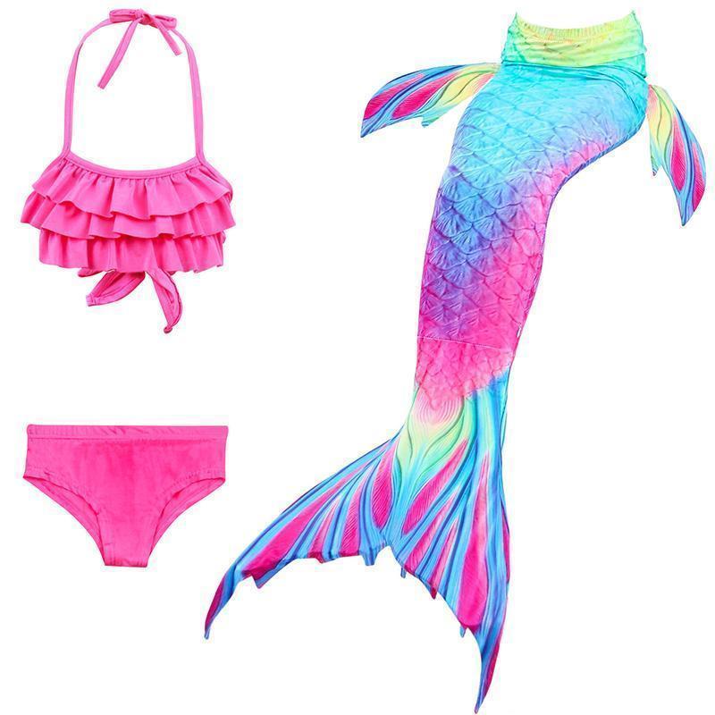 "Fantasifull havfrue badedrakt for barn, flerfarget design med topp, shorts og fiskehale, perfekt for svømming og cosplay."