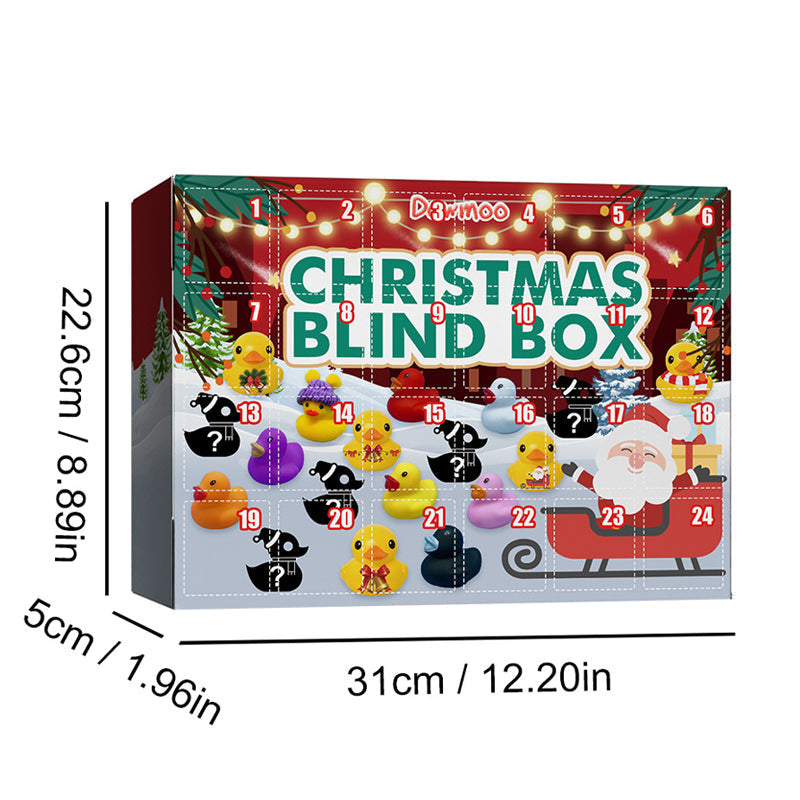"Fargerik adventskalender med 24 gummi-ender i juletema for barn, perfekt for å skape spennende julestemning."