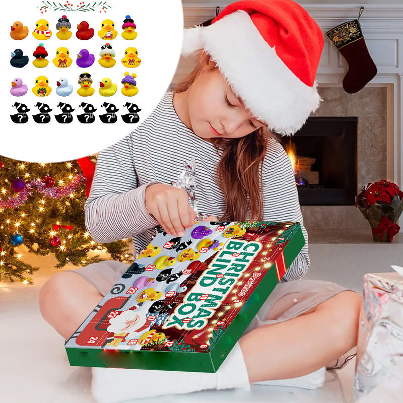 "Fargerik adventskalender med 24 gummi-ender i juletema for barn, perfekt for å skape spennende julestemning."