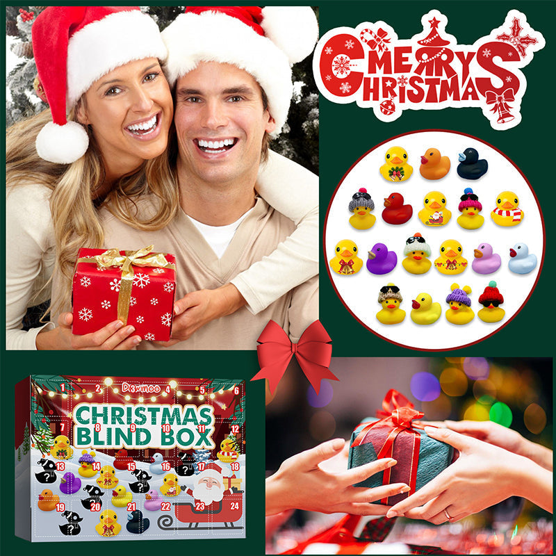 "Fargerik adventskalender med 24 gummi-ender i juletema for barn, perfekt for å skape spennende julestemning."
