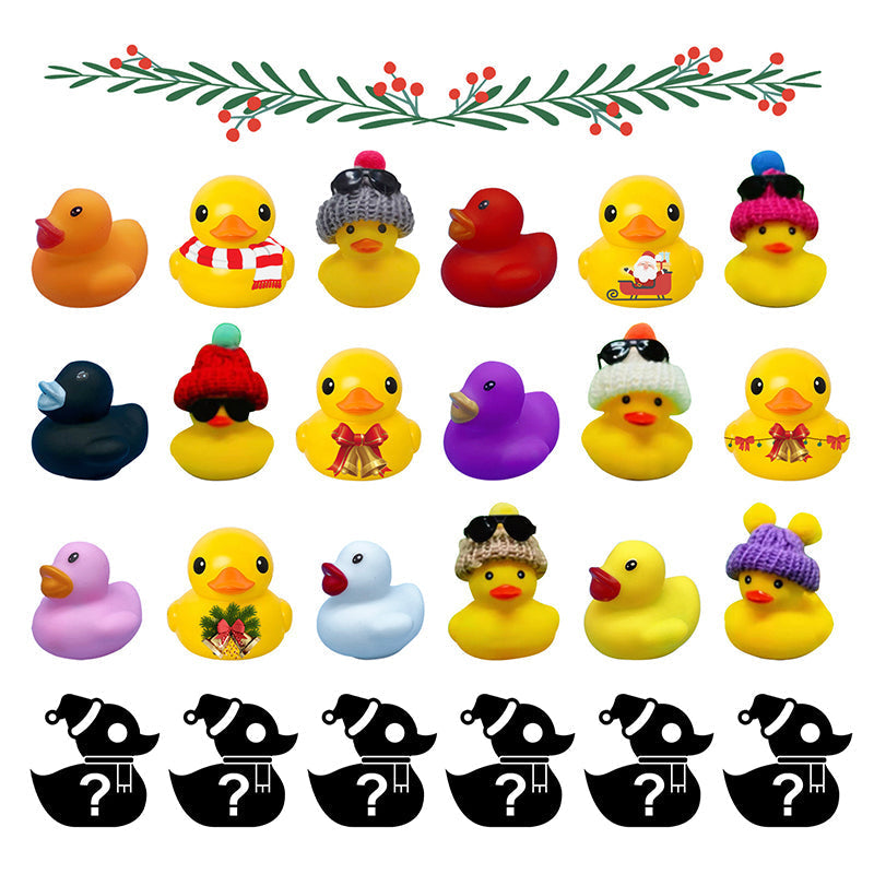"Fargerik adventskalender med 24 gummi-ender i juletema for barn, perfekt for å skape spennende julestemning."