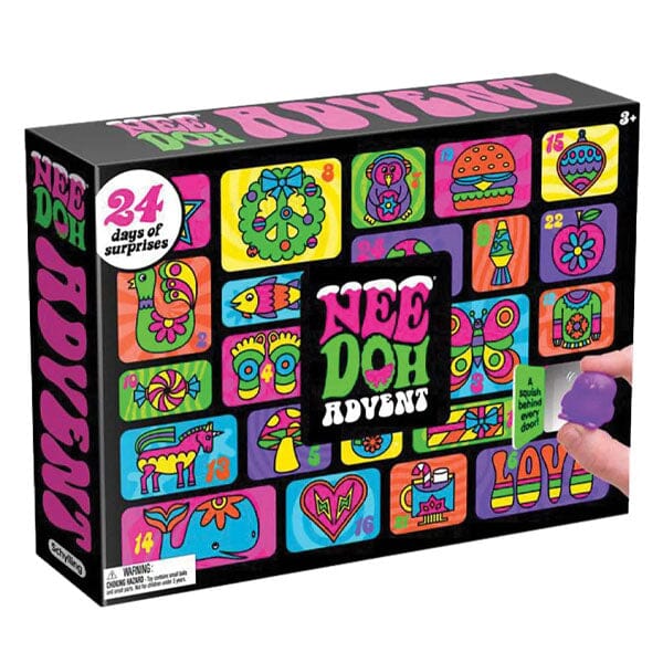 Fargerik adventskalender med 24 små luker og varierte fidgetleker for barn, perfekt julegave.