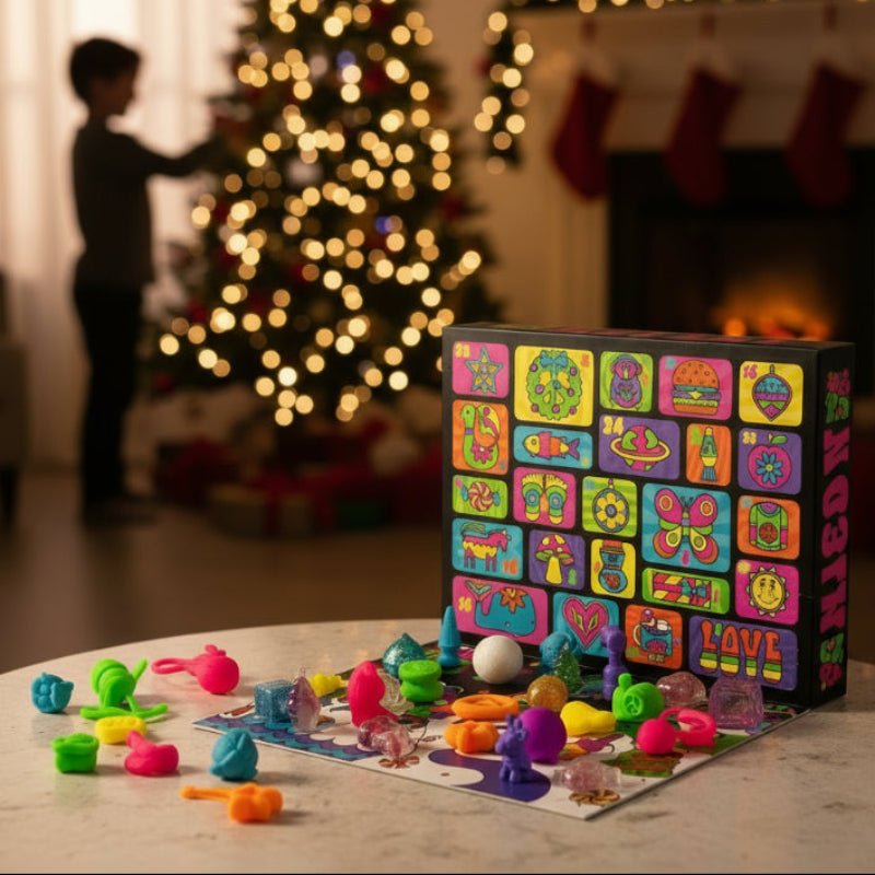 Nærbilde av adventskalender som viser en åpen luke med en liten squishy-fidgetleke inni, for barn.