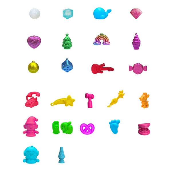 Illustrasjon av en adventskalender fylt med diverse fidgetleker og squishies, stimulerer kreativitet for barn.