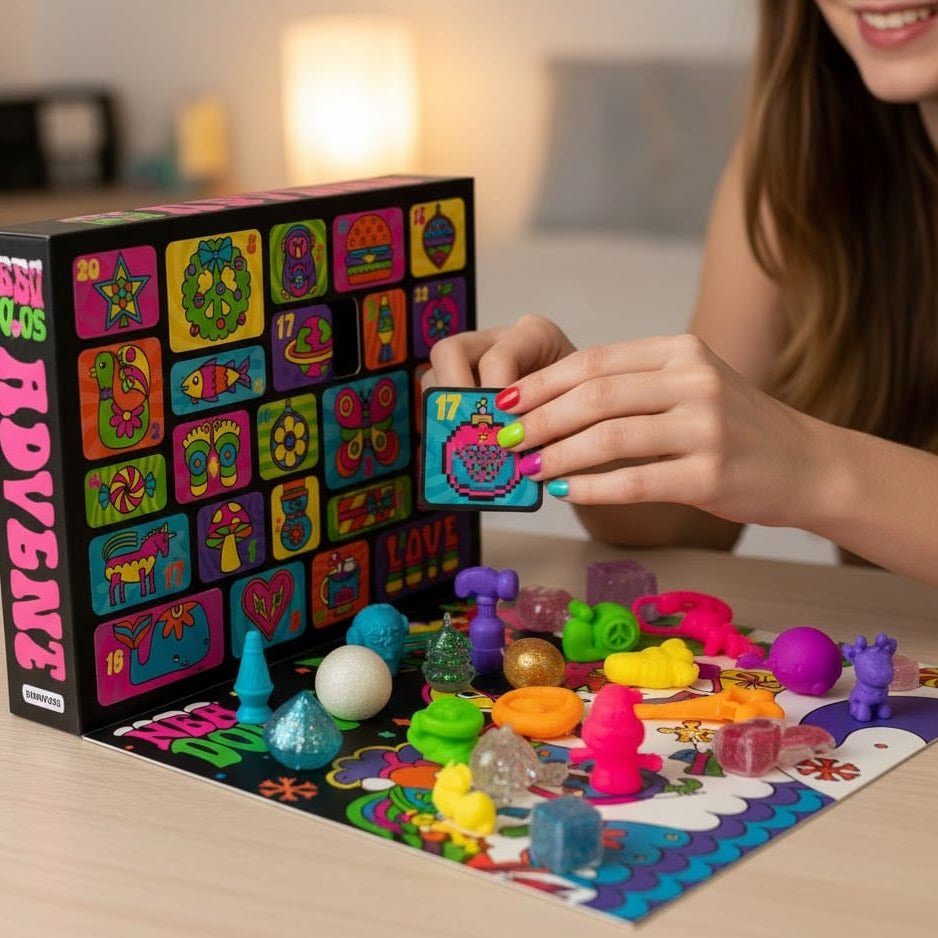 Utvalg av fidgetleker fra adventskalenderen, inkludert fargerike squishies og stretchleker, for barn.
