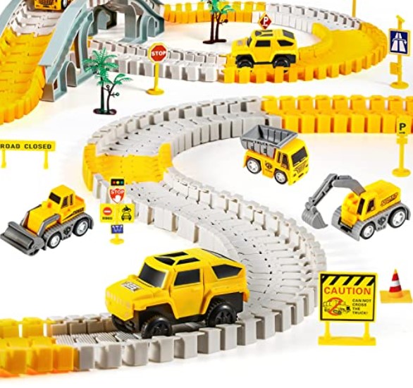 Fargerik bilbane med svinger, ramper og tunneler. Perfekt for kreativ lek og utvikling av barns ferdigheter.