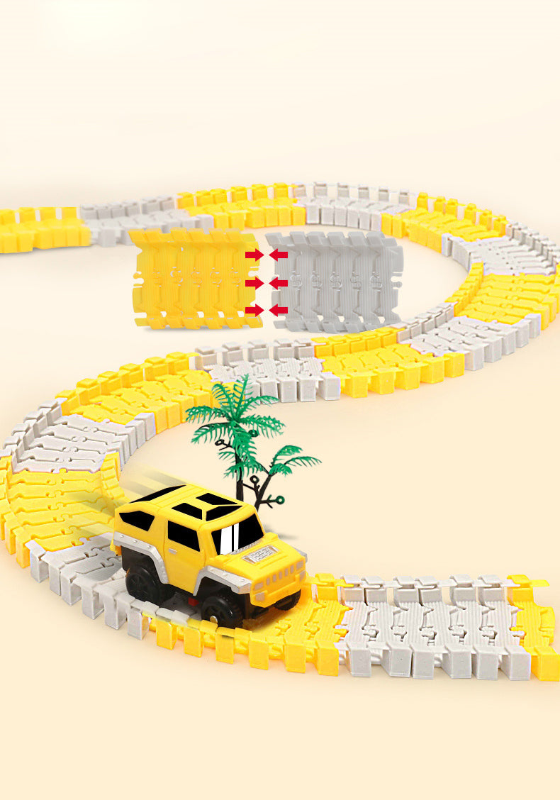 Fargerik bilbane med svinger, ramper og tunneler. Perfekt for kreativ lek og utvikling av barns ferdigheter.