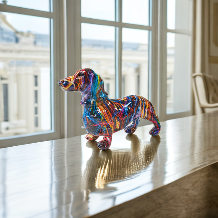 Detaljert fargerik dachshundfigur, lekende uttrykk. Et unikt blikkfang og prydfigur for stuen.
