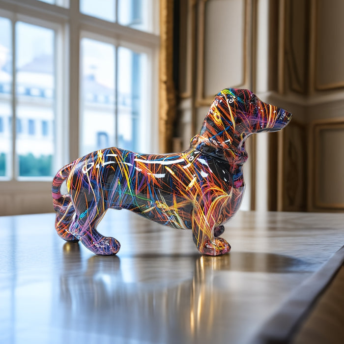 Levende fargerik dachshund figur. Perfekt som gave til hundeelskere eller som unik interiørdekorasjon.