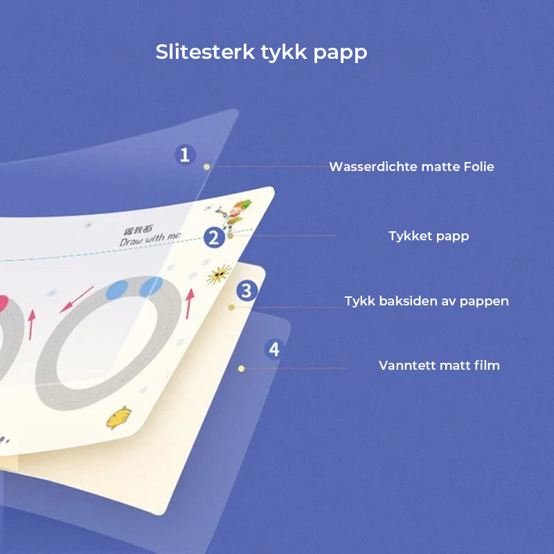 "Fargerik magisk arbeidsbok for barn 2-6 år, med tegne- og skriveoppgaver samt inspirerende aktiviteter."