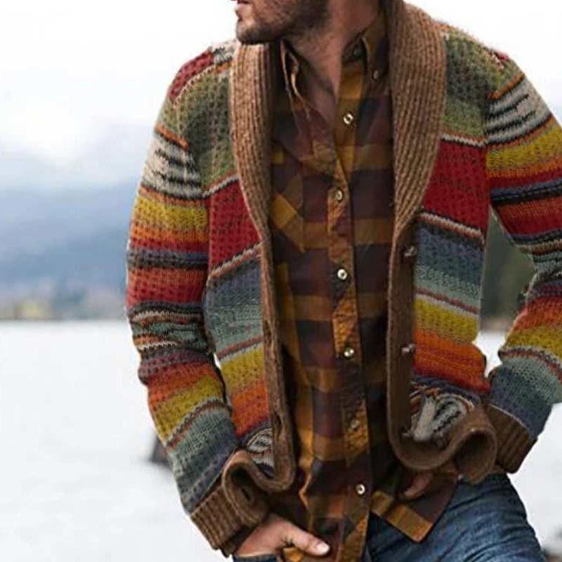 Stilig herre cardigan med fargerike striper, perfekt for lagdeling vår/høst. Komfortabel og casual jakke.