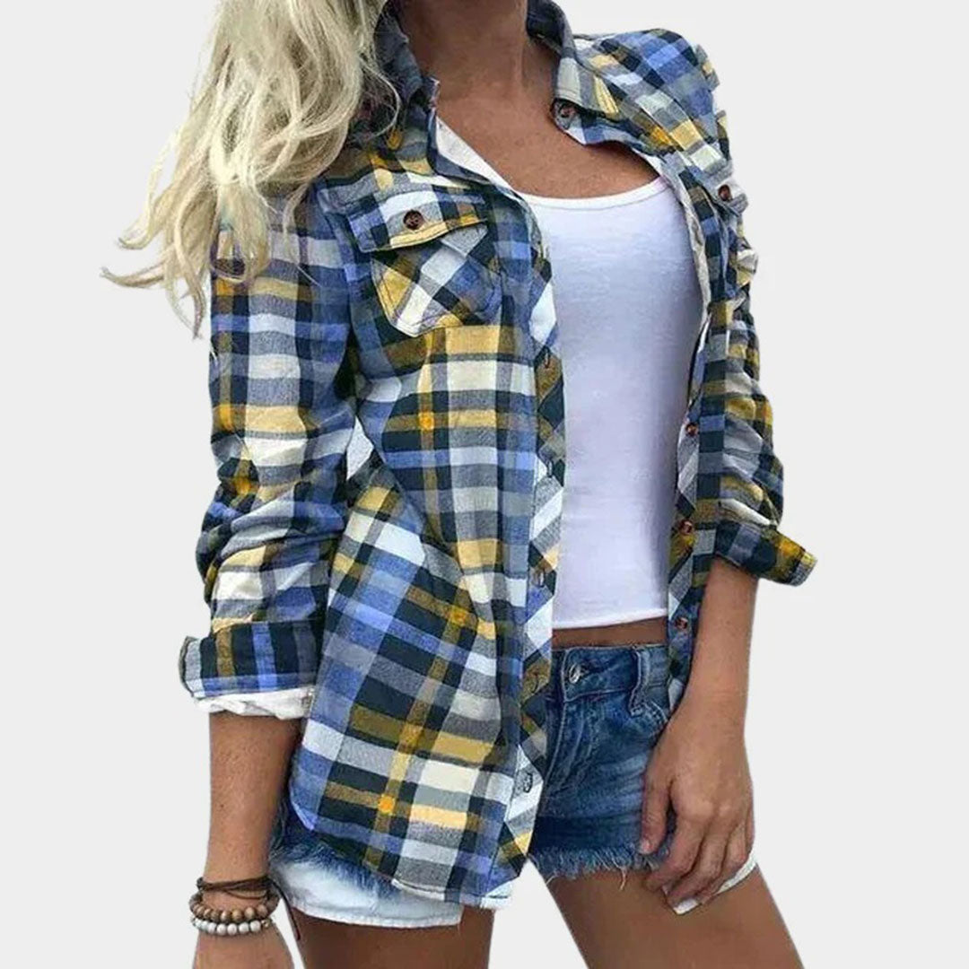 "Fargerik vårskjorte dame i blått rutemønster, lange ermer, trendy stil, komfortabelt polyesterstoff."
