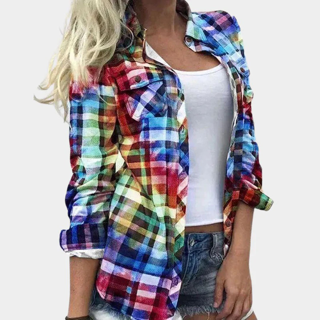 "Fargerik vårskjorte dame i blått rutemønster, lange ermer, trendy stil, komfortabelt polyesterstoff."