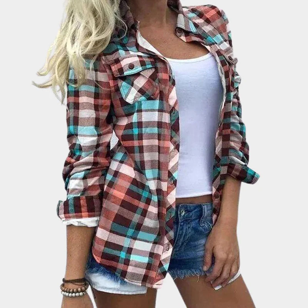 "Fargerik vårskjorte dame i blått rutemønster, lange ermer, trendy stil, komfortabelt polyesterstoff."