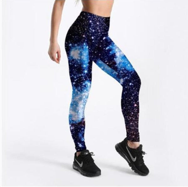 Dame leggings med 3D galaksemønster sett bakfra, fremhever høy midje for komfortabel og unik stil.