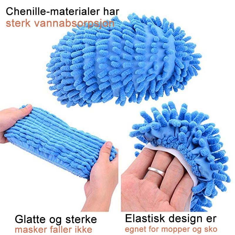 "Fargerike mopptøfler av chenillefiber for rengjøring, tilpasset alle fotsstørrelser, vises i oransje, blå, grønn, lilla, ros