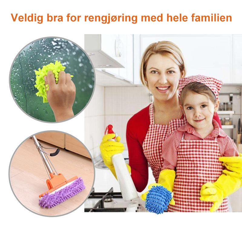 "Fargerike mopptøfler av chenillefiber for rengjøring, tilpasset alle fotsstørrelser, vises i oransje, blå, grønn, lilla, ros