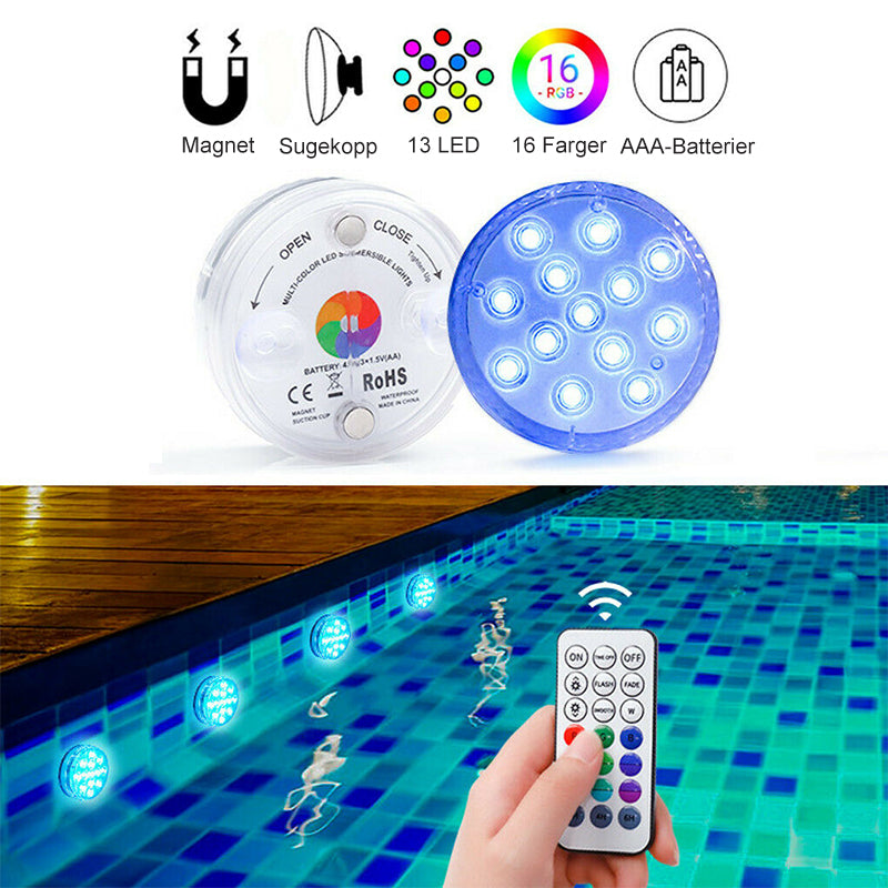 "Fargerike vanntette LED-svømmelys med fjernkontroll for bassengdekor, IP68-klassifisert, flerfarget belysning."