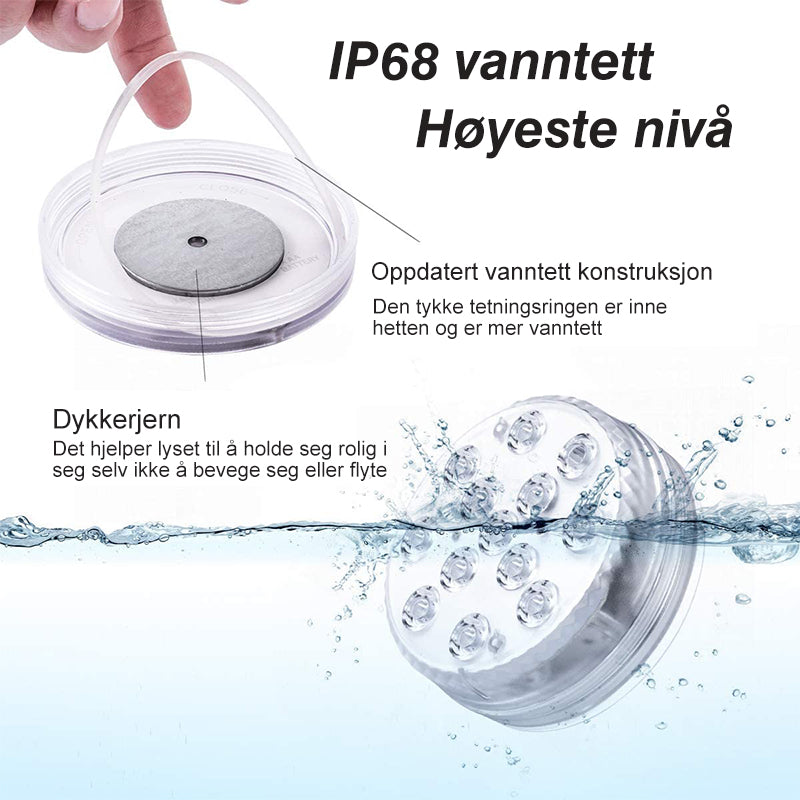 "Fargerike vanntette LED-svømmelys med fjernkontroll for bassengdekor, IP68-klassifisert, flerfarget belysning."