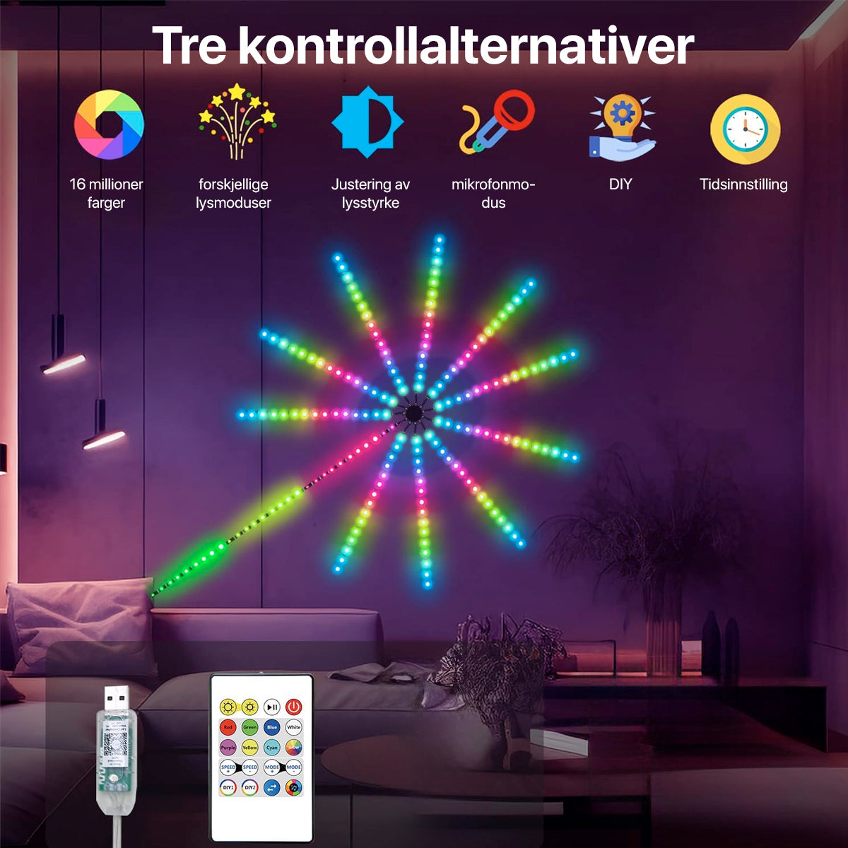 RGB LED-fyrverkerilys som reagerer på musikk, ideelt for hjemmedekorasjon