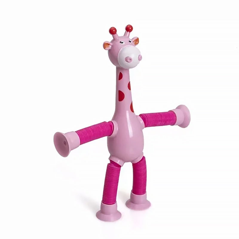 "Fargerikt teleskopisk giraffleketøy med sugekopp. Livlige farger som rosa, blå, lilla og gul, formbar og morsom for barn."
