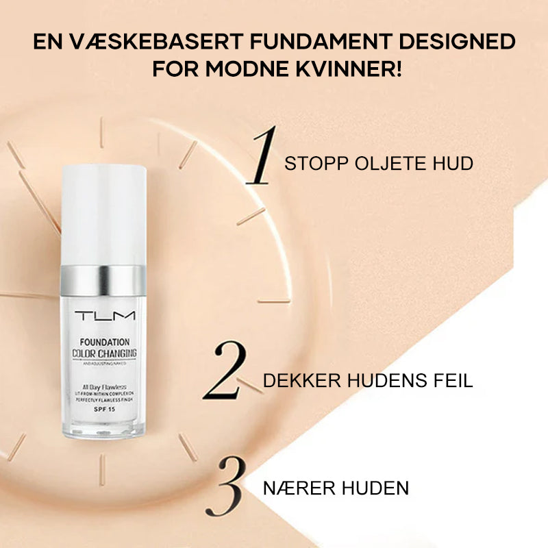 "Fargeskiftende foundation påført jevnt, gir naturlig finish for moden hud, tilpasser seg hudtone, lett og kremet."