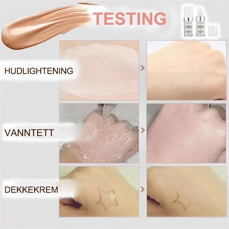 "Fargeskiftende foundation påført jevnt, gir naturlig finish for moden hud, tilpasser seg hudtone, lett og kremet."