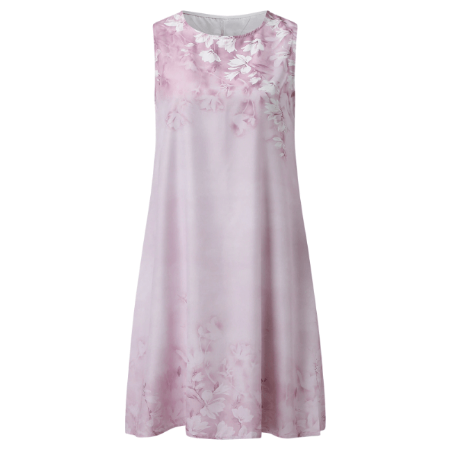 Feminine vårblomster på denne elegante A-linje kjolen. Rund hals, knelengde.