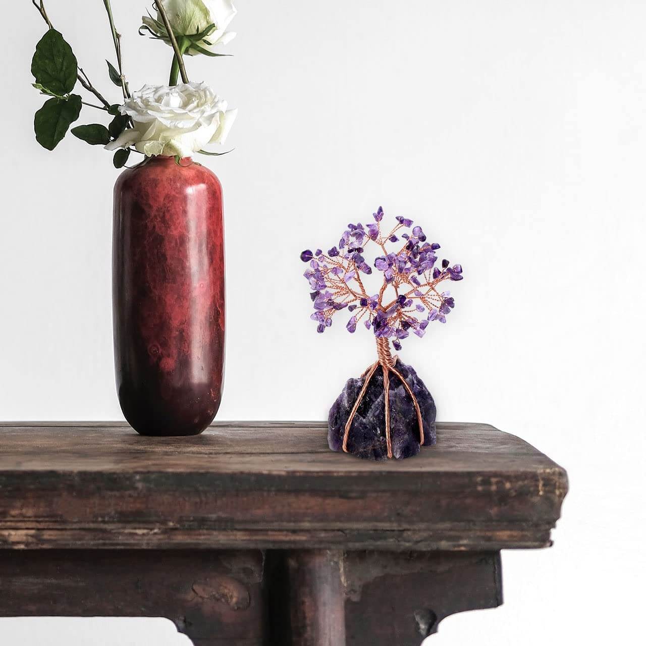 Unisex Livets Tre krystallpynt for feng shui, laget med polert rosekvarts og metalltråd