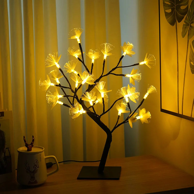 "Fiberoptisk blomsterlampe med bjørketre-design, USB/batteri, roseformede blomster, varm lysglød for magisk atmosfære."