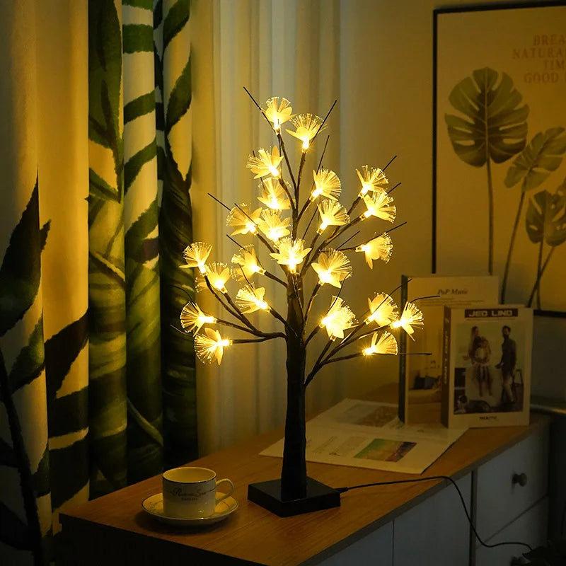 "Fiberoptisk blomsterlampe med bjørketre-design, USB/batteri, roseformede blomster, varm lysglød for magisk atmosfære."