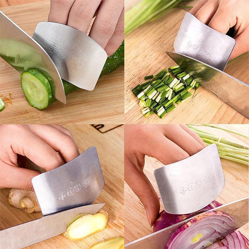 "Fingerbeskytter i rustfritt stål for sikker matlaging, elegant finish, justerbar størrelse, ergonomisk design."