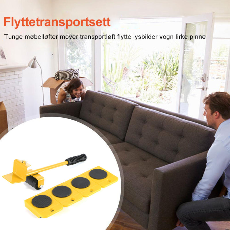 "Fire-delers flyttemøbelsett med roterende glidebrytere i gul og rød, laget for enkel og sikker møbelbevegelse."