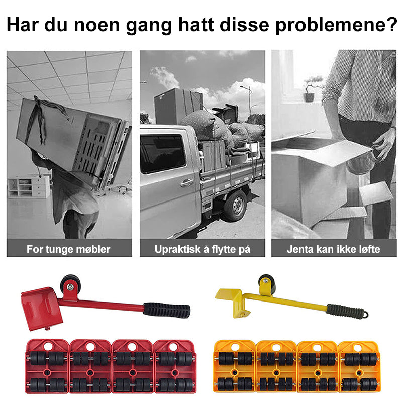 "Fire-delers flyttemøbelsett med roterende glidebrytere i gul og rød, laget for enkel og sikker møbelbevegelse."