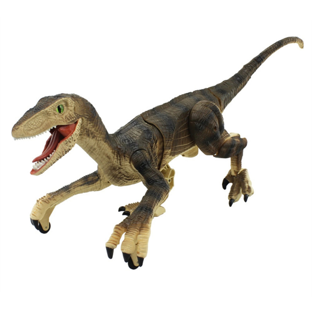 Frontbilde av fjernstyrt Velociraptor dinosaurleke, aggressive øyne, klar for interaktiv lek