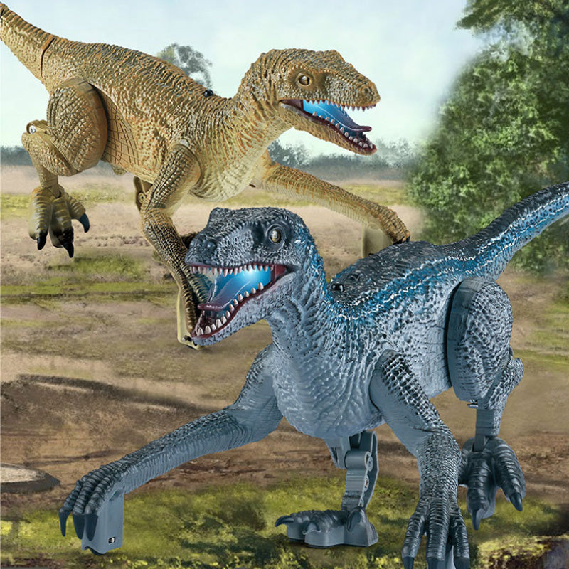 "Fjernstyrt Velociraptor dinosaurleke med realistiske 3D-øyne og hudtekstur for barn, perfekt for dinosaurentusiaster."