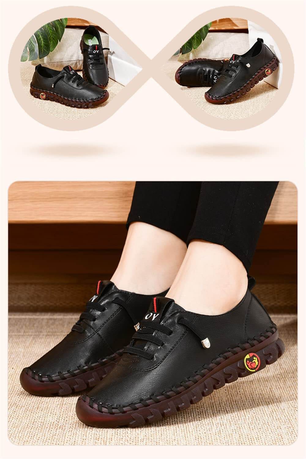 To par loafers for kvinner i sort og brunt skinn, viser sklisikre såler og flat komfortdesign.