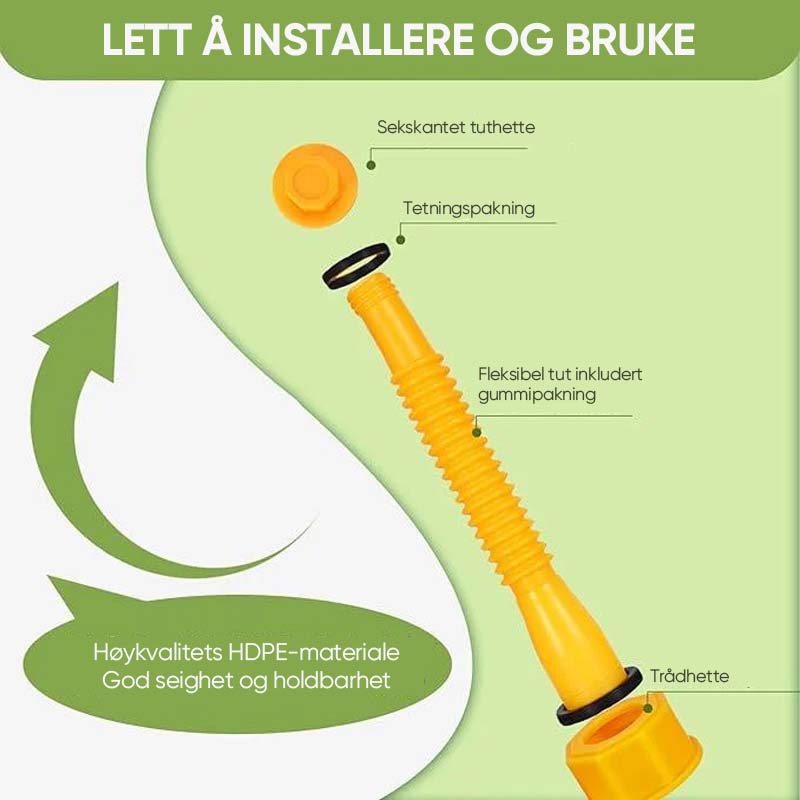 Fleksibel bensinkantut med justerbar dyse, sølfri design, lett å installere. Passer de fleste bensinkanner.