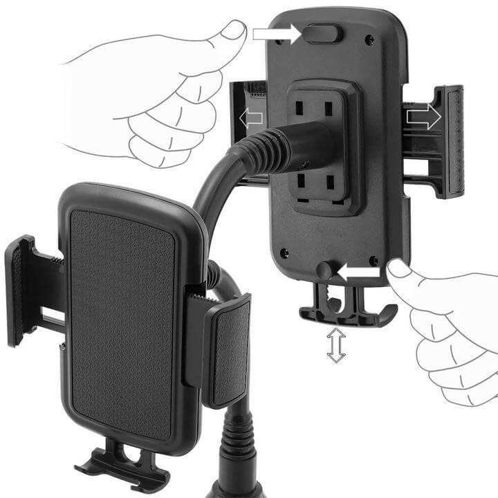Justerbar bilkoppholder base med universelt telefonfeste, passer de fleste biler og smarttelefoner.