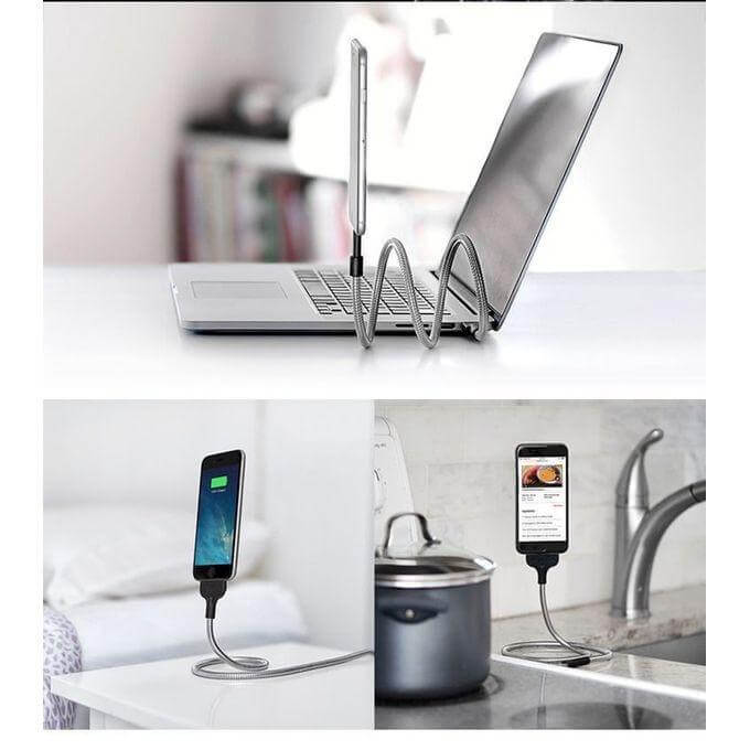Praktisk telefonstativ med integrert, fleksibel ladekabel for alle mobiler.