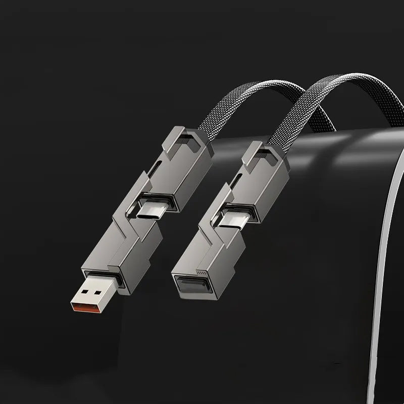 "Flettet 4-i-1 laderledning med borrelås, anti-floke design, rask lading, USB A/C og Lightning-porter."