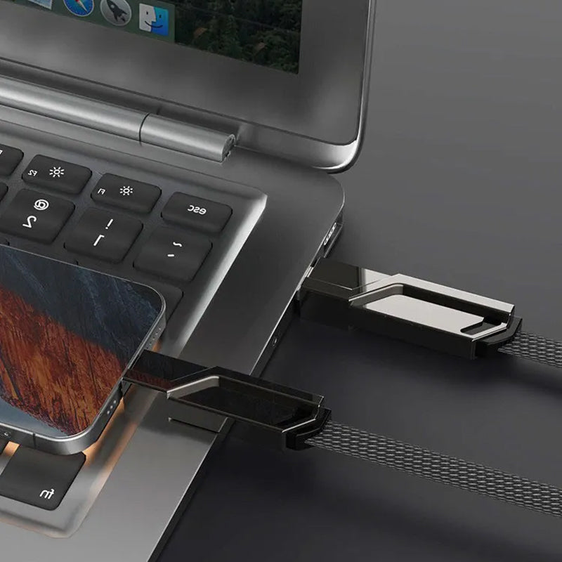 "Flettet 4-i-1 laderledning med borrelås, anti-floke design, rask lading, USB A/C og Lightning-porter."
