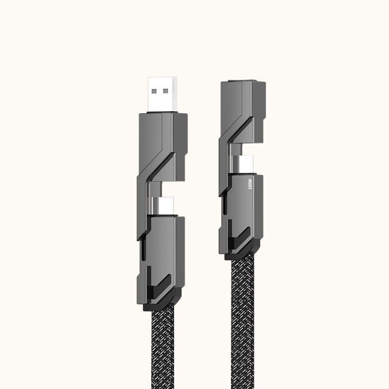 "Flettet 4-i-1 laderledning med borrelås, anti-floke design, rask lading, USB A/C og Lightning-porter."