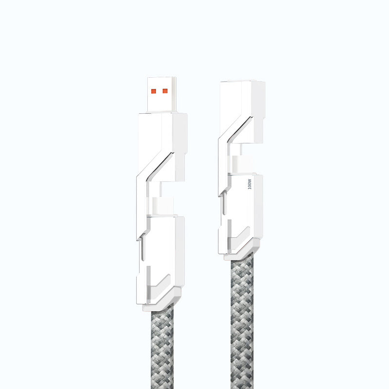 "Flettet 4-i-1 laderledning med borrelås, anti-floke design, rask lading, USB A/C og Lightning-porter."