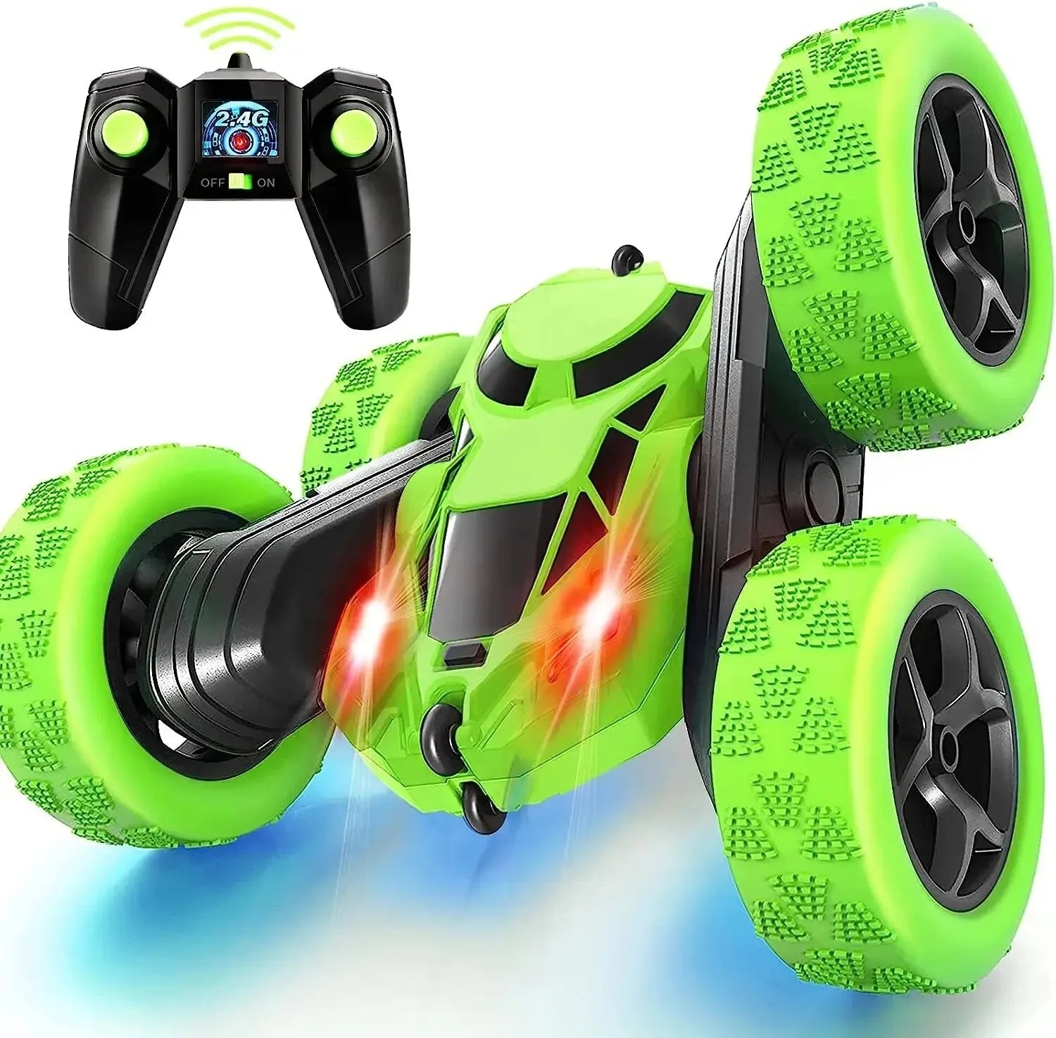 "Flip Xtreme RC Stuntbil leke utfører spektakulære 360° triks i robust terreng, perfekt for ubegrenset moro."